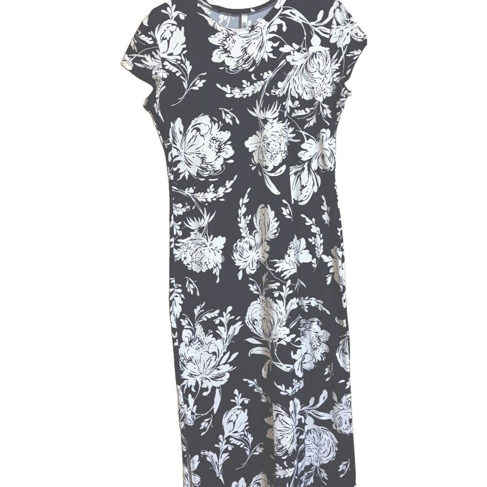 Acting Pro Women's Navy White Floral Maxi Dress Long Side Slits Short Sleeves